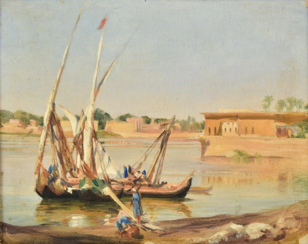 Scena fluviale marocchina con barche